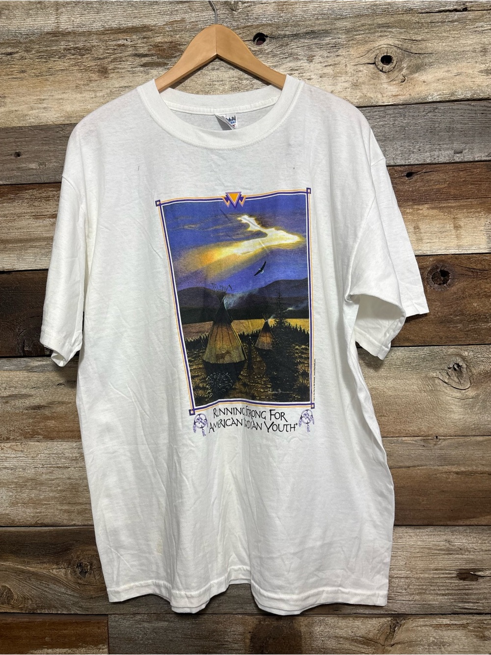 Vtg Gildan white t-shirt featuring artwork titled running strong for AIY